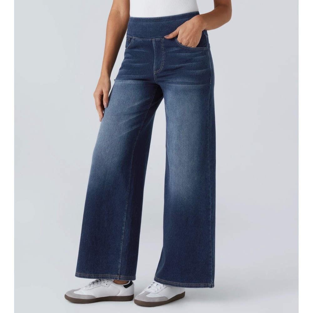 Halara Blue Washed Wide Leg Baggy Jeans High Waisted Pockets Pull On Small